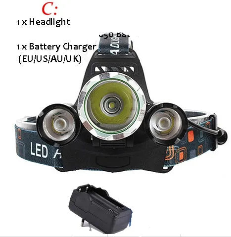 Aluminium alloy rechargeable LED headlight with adjustable head strap and Hawkeye lens.