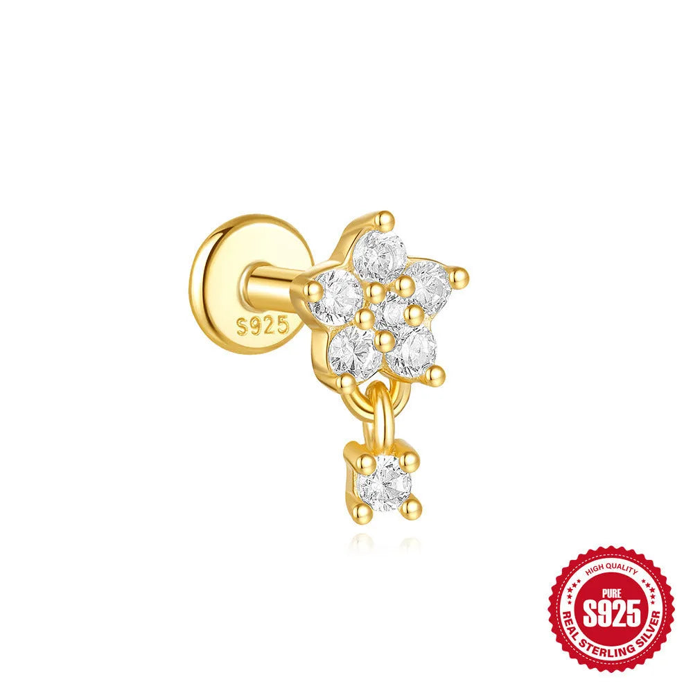 S925 sterling silver geometric moon and star earrings with cubic zirconia stones in a gold tone finish.