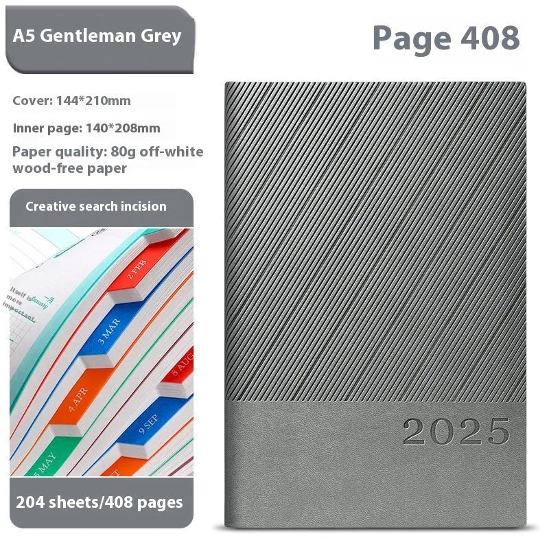 A5 business notepad with striped PU leather cover open on 80g wood-free paper, showing one of eight colour options.