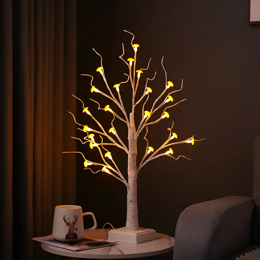 60cm tall mushroom tree lamp with warm LED lights and 24 detachable plastic flowers on birch-style trunk