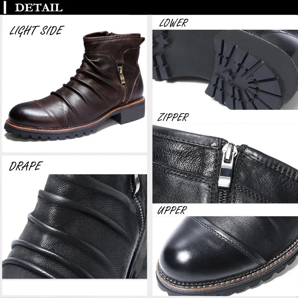 Black and brown cowboy-style Martin boots with a side zipper and round toe.