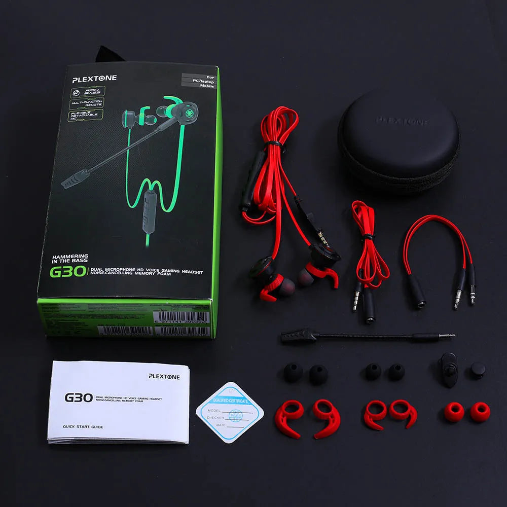 Shuangmai wired in-ear computer gaming headset with 1.5 cm cable in black, green, and red colour options