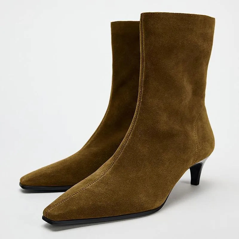Brown square toe mid-calf boot with a side zip and a kitten stiletto heel on a white background.