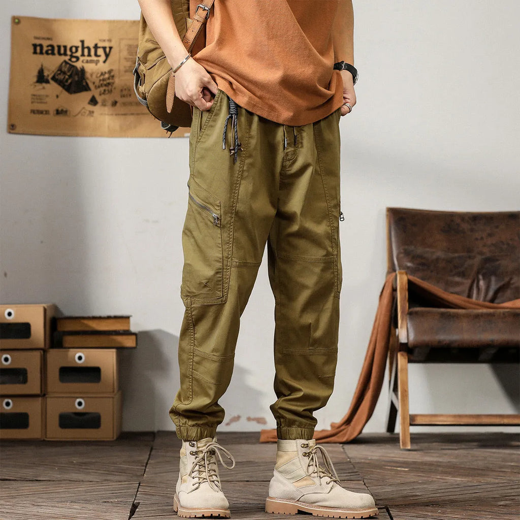 Men's cotton harem pants with tapered ankle bands in khaki, peacock green, coffee, or black colours