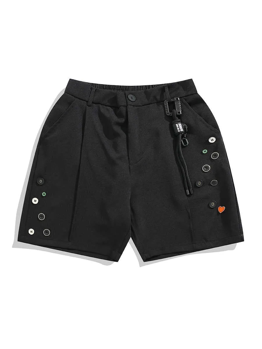 Men's black semi-elastic shorts with straight-leg loose fit and zip fly closure