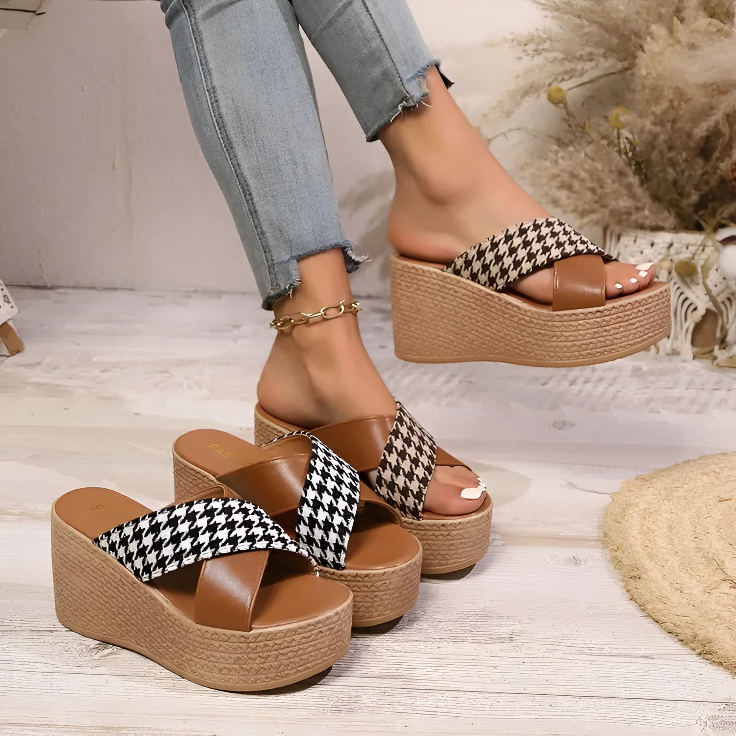 Cross leopard plaid pattern wedge sandals with a brown and black design and a rubber sole.