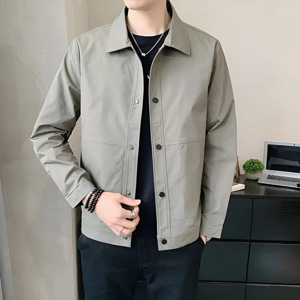 Men's Korean style thin single-layer jacket in polyester, shown in light gray.