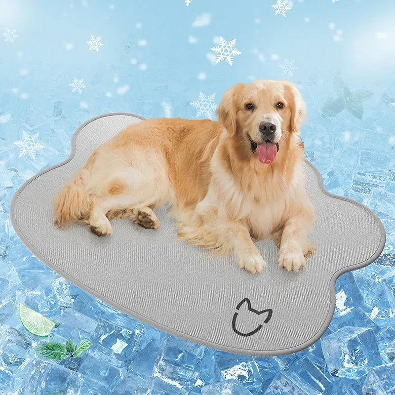 Ice silk dog cooling mat with dog head pattern in four colour options on non-slip base