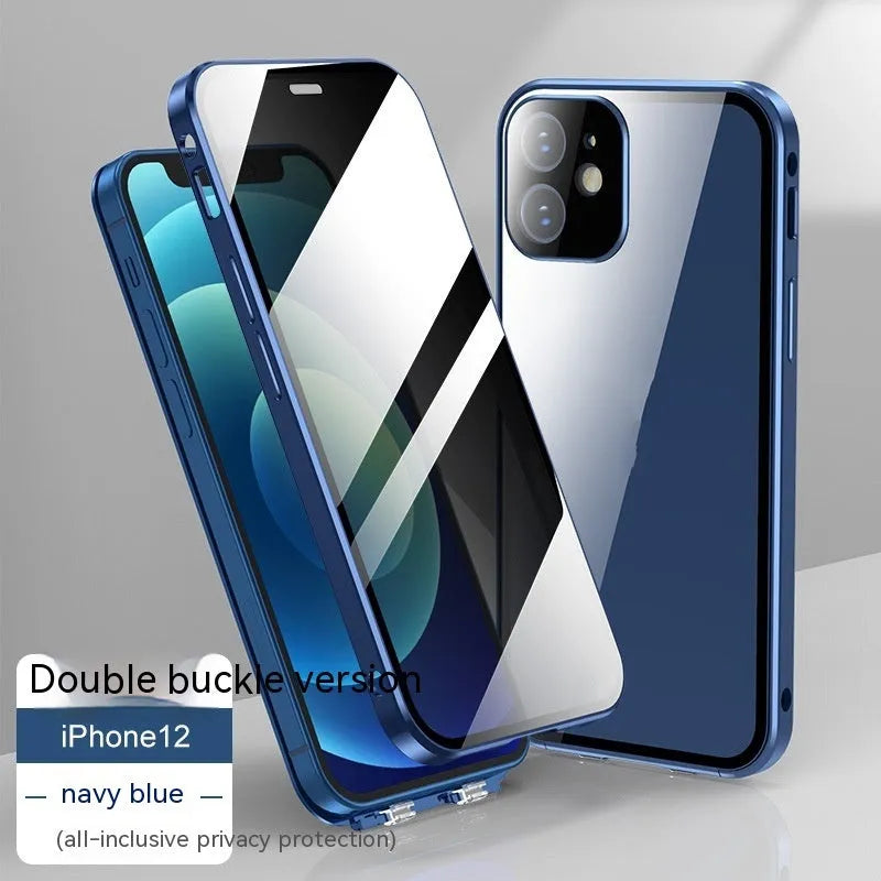 Glass iPhone case with double-sided buckle in multiple colour options on a table.