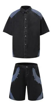 Retro washed denim short-sleeved jacket and trousers suit in blue or black