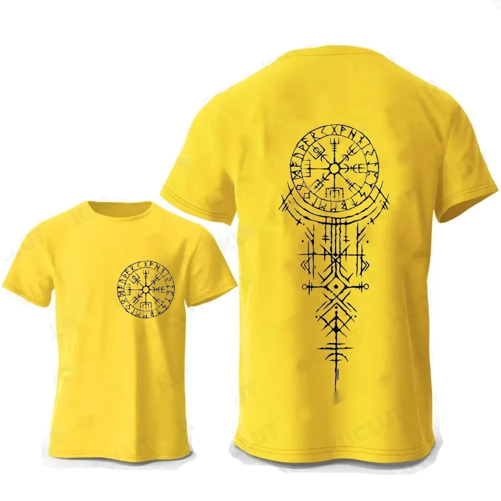 Viking rune compass design with smiling face on a men's pure cotton T-shirt.