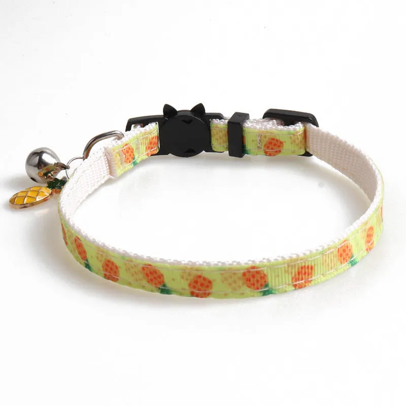 Fruit fabric cat collar with bell in pineapple colour, 28CM size, on white background