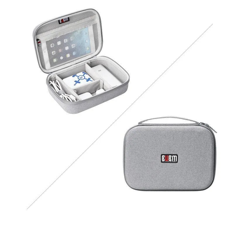 Black EVA digital storage bag with open compartment showing cable organisation
