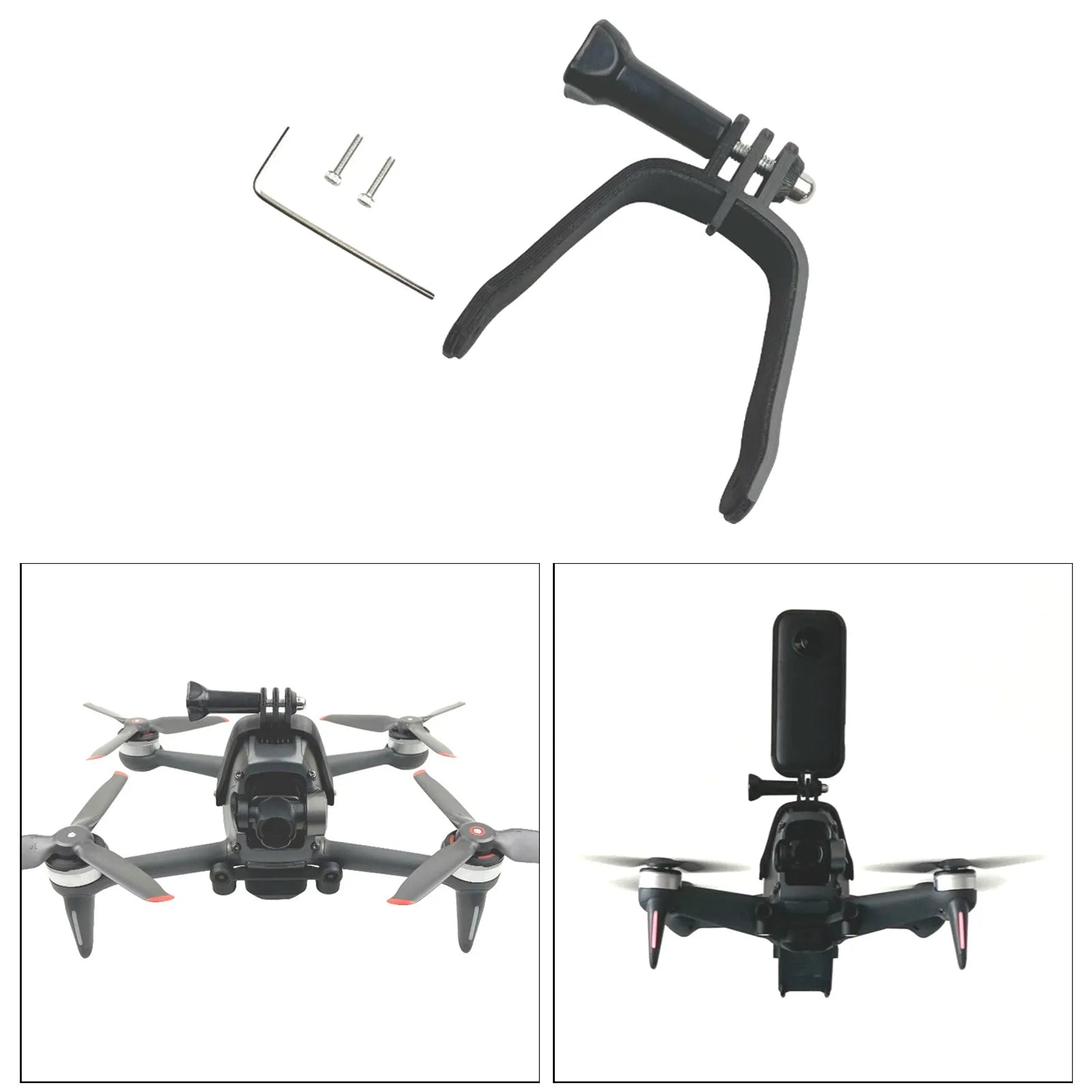 3D printed hard plastic GoPro expansion bracket for FPV drones with sponge protective lining.