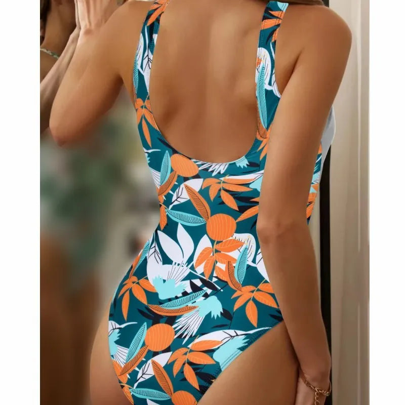 Women's high-waisted one-piece swimsuit with printed pattern in quick-drying polyester nylon fabric