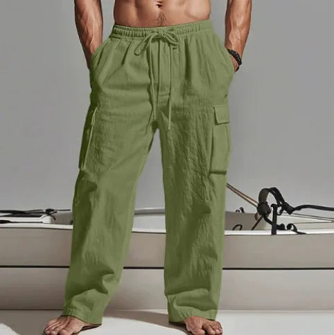 Men's cotton wide-leg casual trousers in solid colour with elastic mid waist