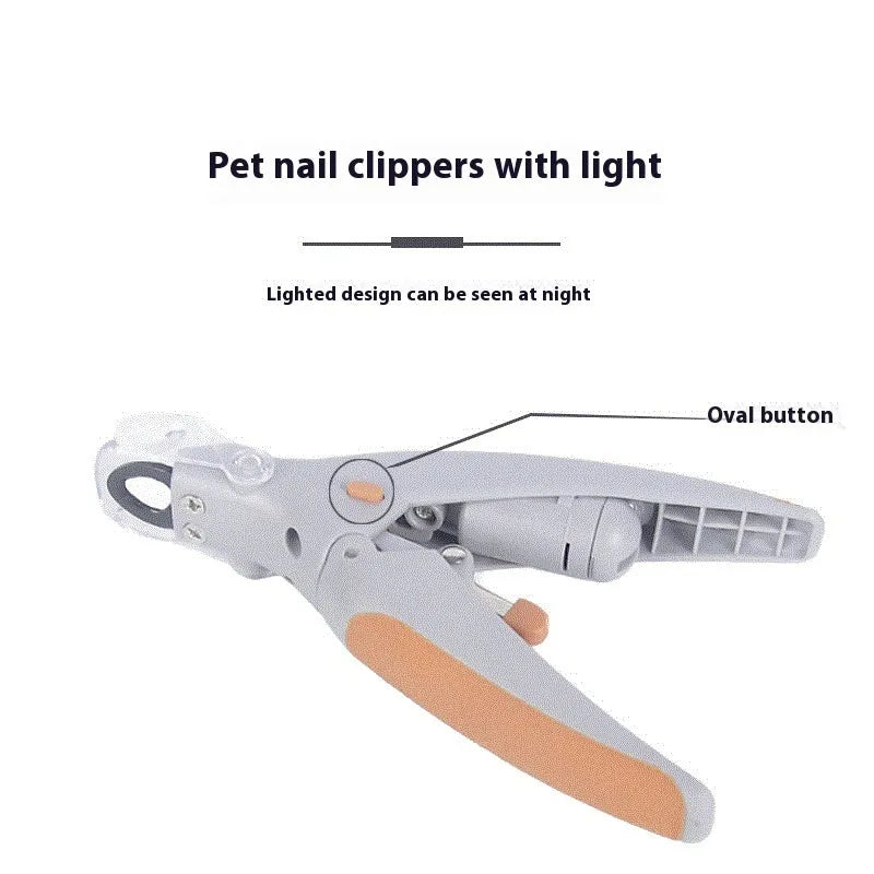 White dog nail clipper with LED light, safety guard, and three LR44 batteries on a blister card.