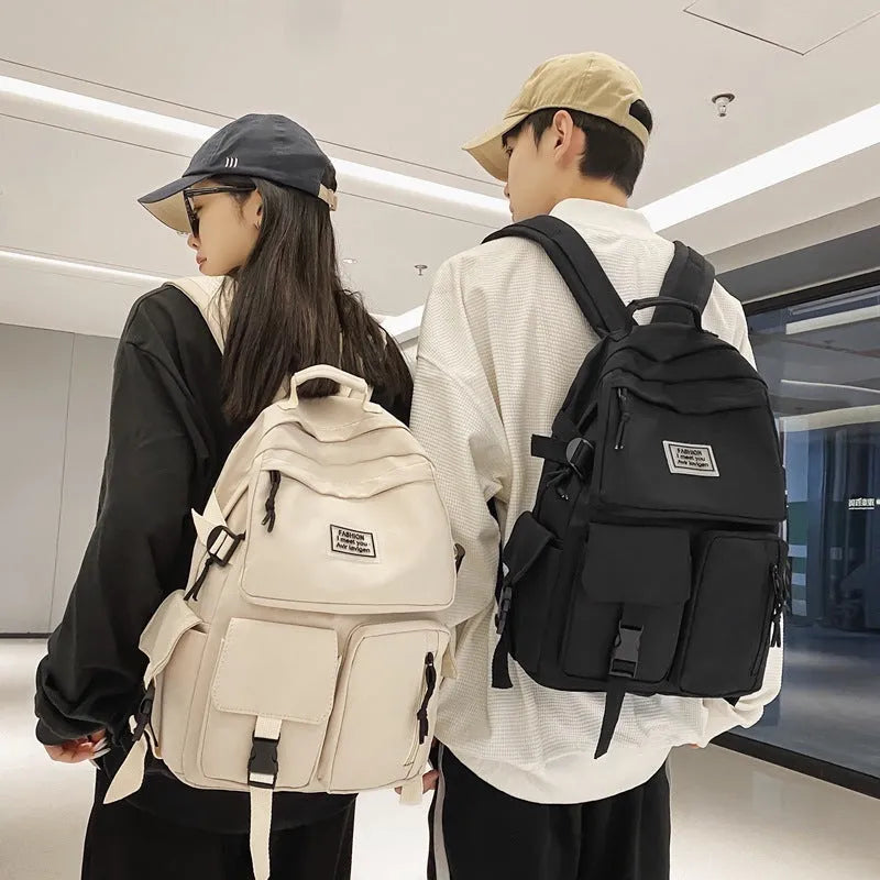 31cm black and white nylon student backpack with computer compartment and outer pockets