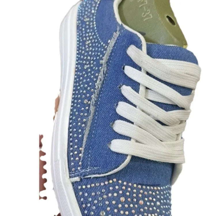 Plus size women's black lace-up casual shoes with rhinestones, chunky flat heel, and round toe.
