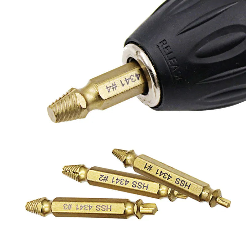 Set of five 4341 high-speed steel screw extractor tools for removing damaged bolts