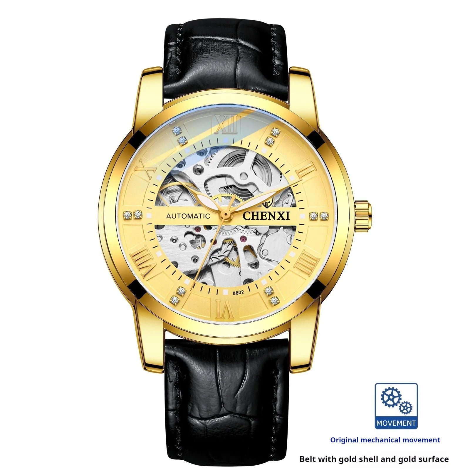 Hollow automatic mechanical watch with belt and black or gold shell, 13mm thickness, men's business style