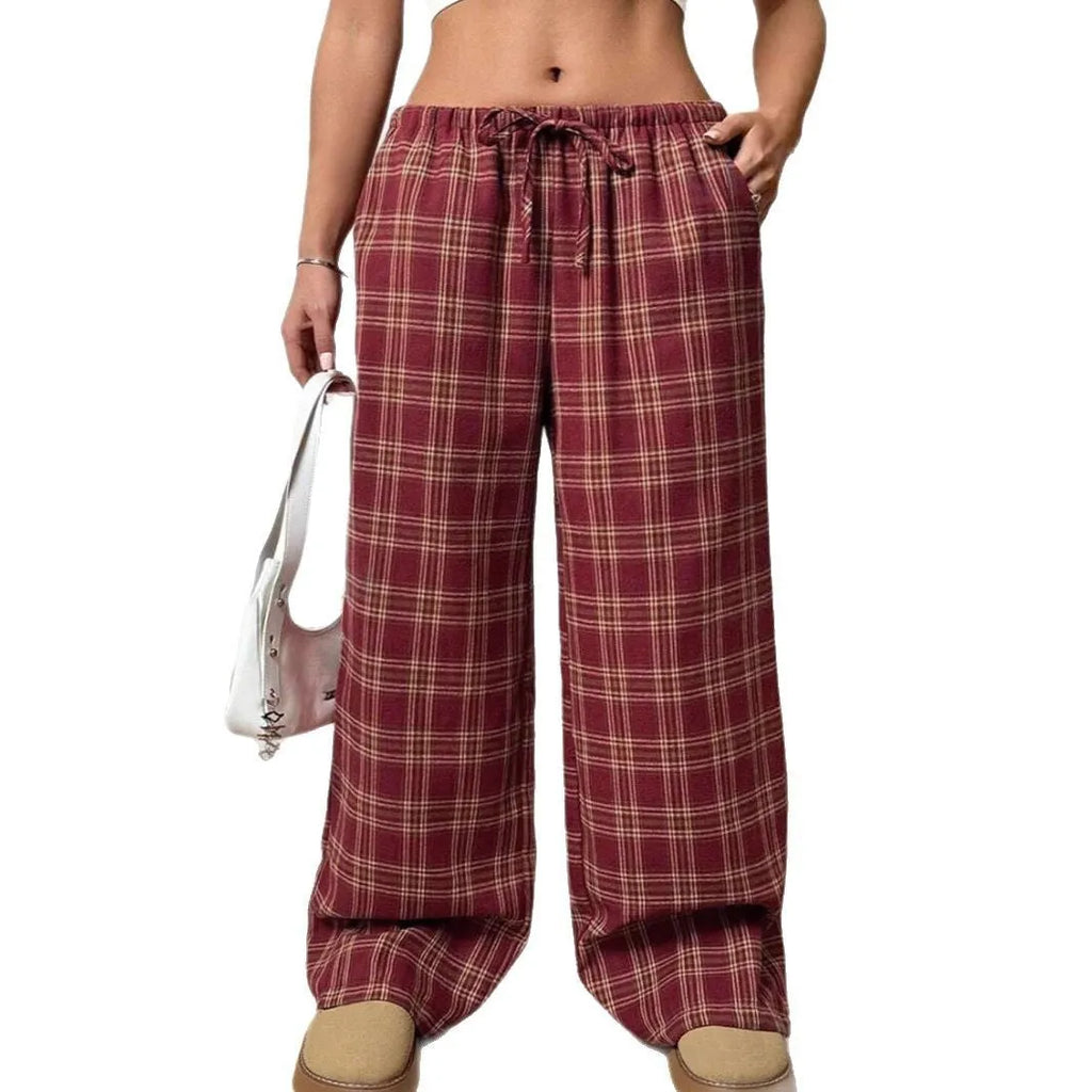 Women's plaid casual trousers with elastic drawstring waist and side pockets in blue colour