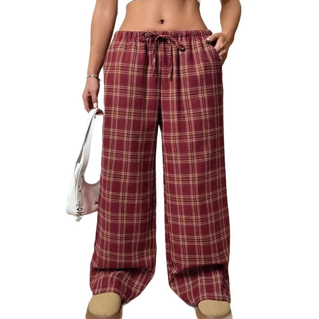Women's plaid casual trousers with elastic drawstring waist and side pockets in blue colour