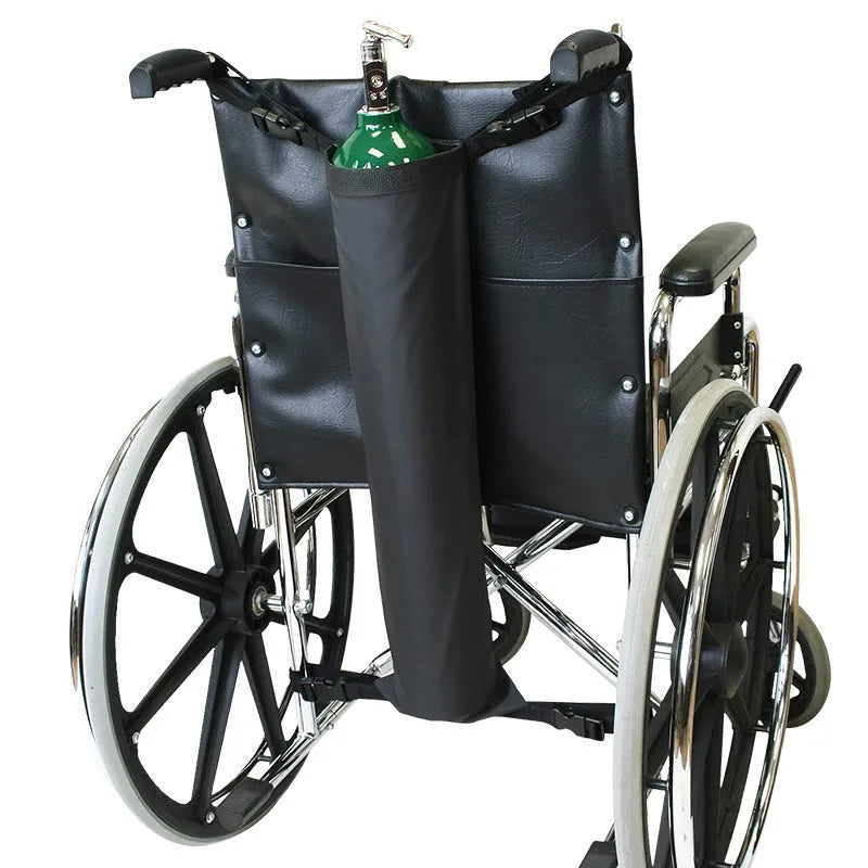 Black cylindrical wheelchair pannier bag for oxygen cylinders made from 600D Oxford cloth.