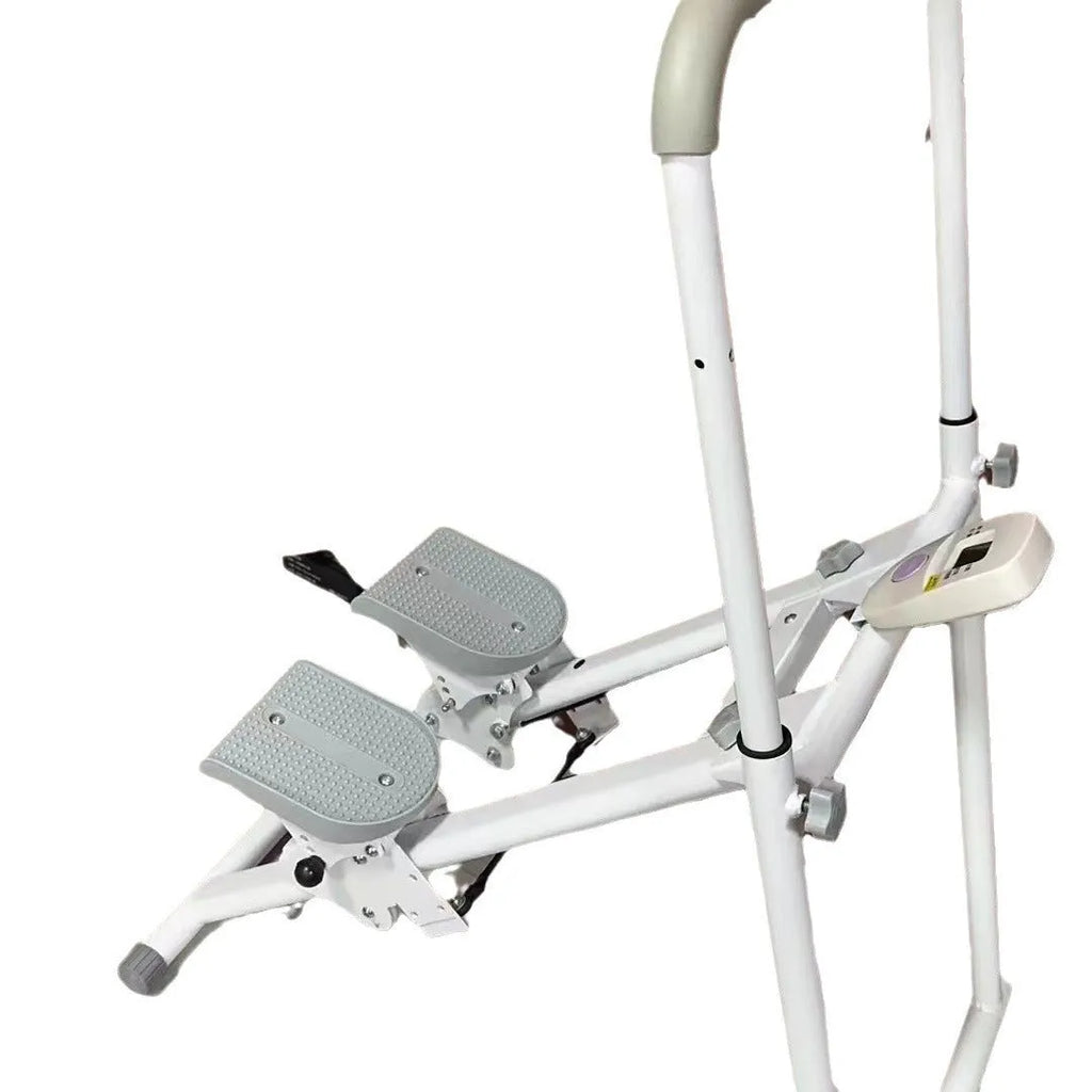 White folding treadmill with integrated climbing frame for home fitness workouts