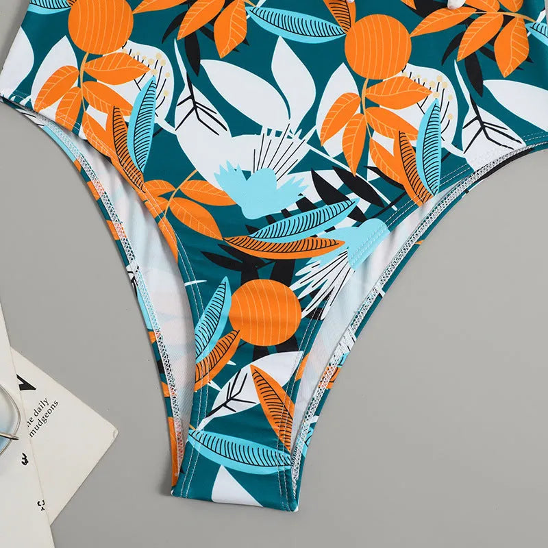 Women's high-waisted one-piece swimsuit with printed pattern in quick-drying polyester nylon fabric