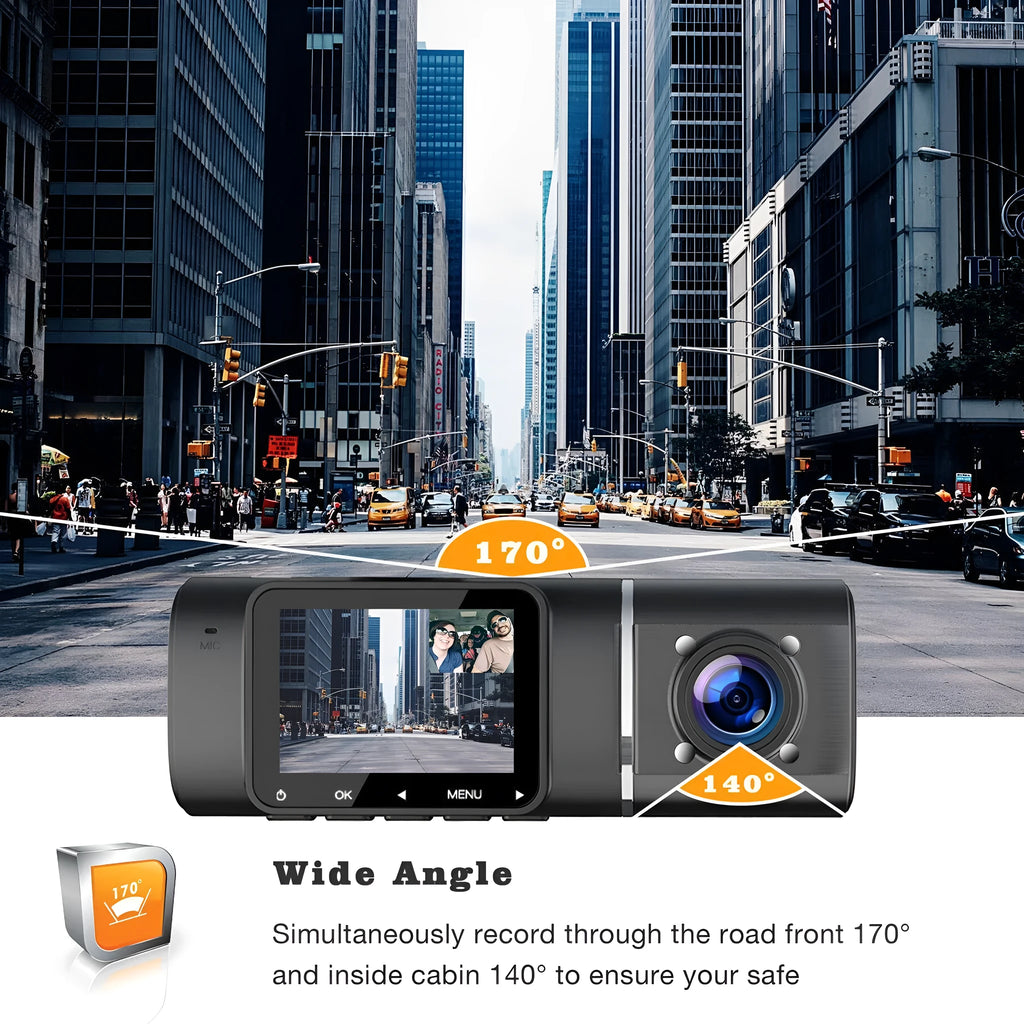 Black dual-channel car dash camera with 1.5-inch screen for front and rear recording.