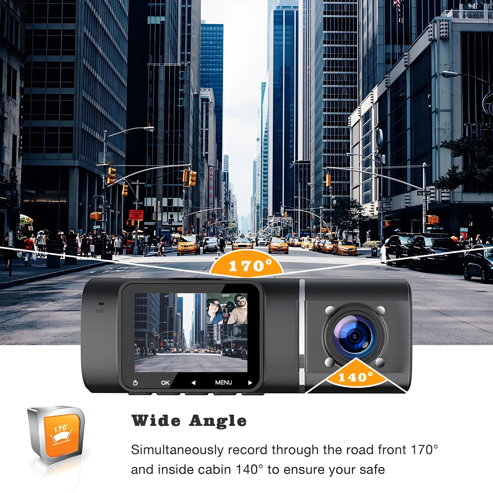 Black dual-channel car dash camera with 1.5-inch screen for front and rear recording.