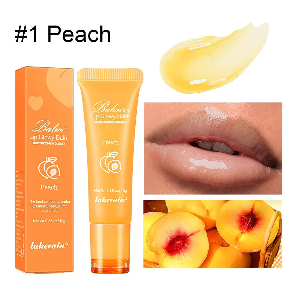 Lip gloss lipstick in natural finish with Berry, Grape, Grapefruit, and Yellow Peach flavour options.