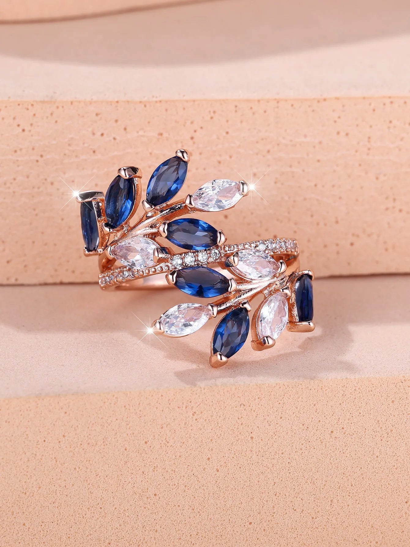 Adjustable copper leaf fashion ring with stone settings in multiple colour options