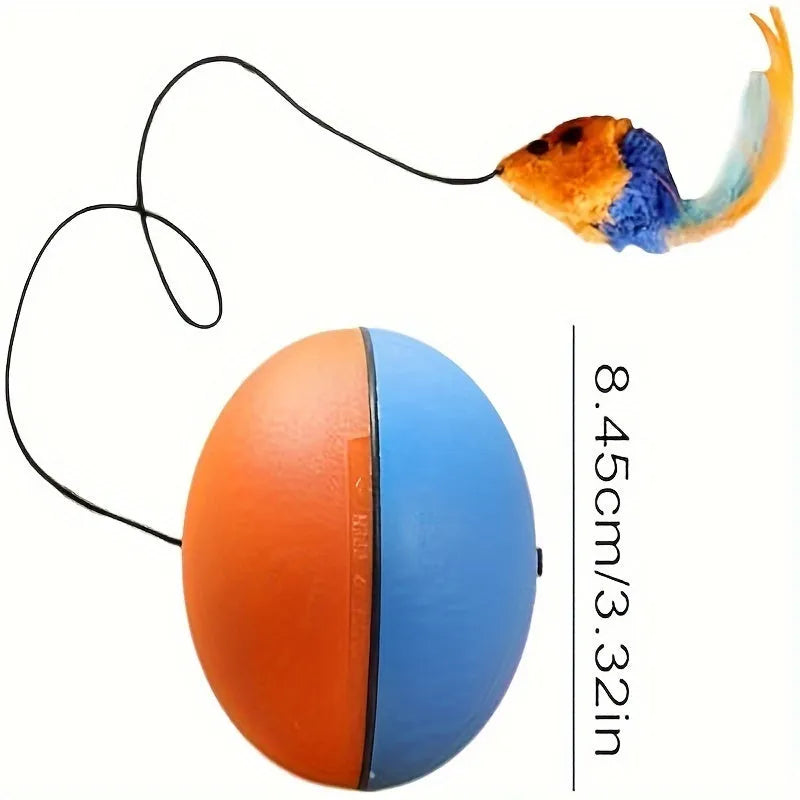 Grey and orange interactive cat toy ball with a soft plush mouse attachment for feline exercise.
