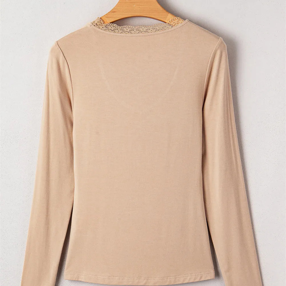 Women's red casual top with lace trim detailing and long sleeves