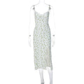 Women's blue lace flower print long dress with black suspender straps and a thigh-high side slit.