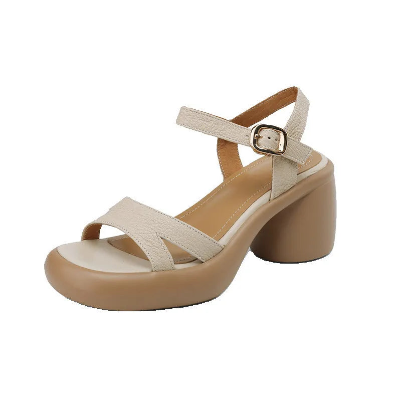 Women's open toe platform sandals in apricot colour with round toe holder and rubber sole.