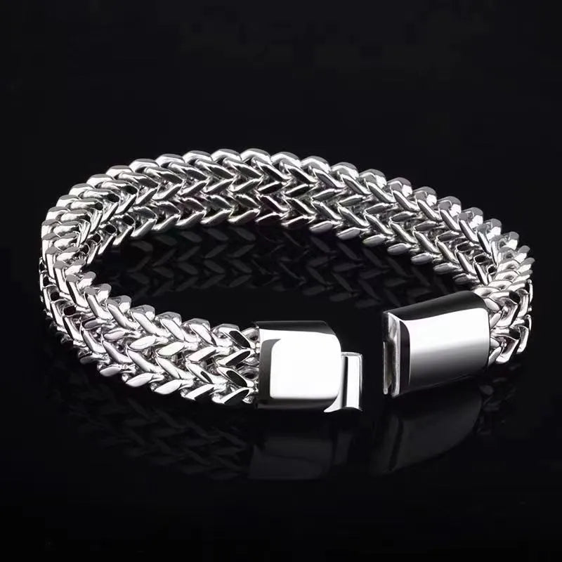 Geometric stainless steel men's bracelet showing front and back design in silver colour