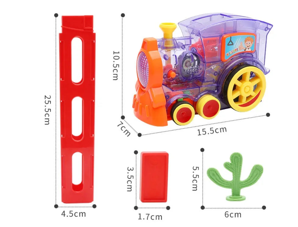 Domino train toy with 100 plastic dominoes in random colours, including toy train and card storage box
