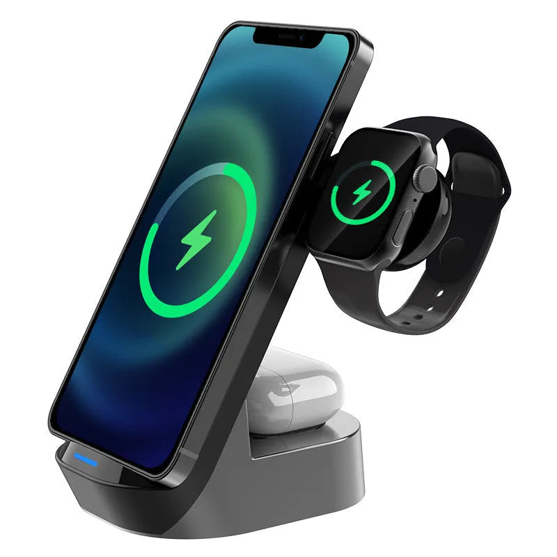 Black grey foldable 3-in-1 wireless charger stand for iPhone Apple Watch AirPods