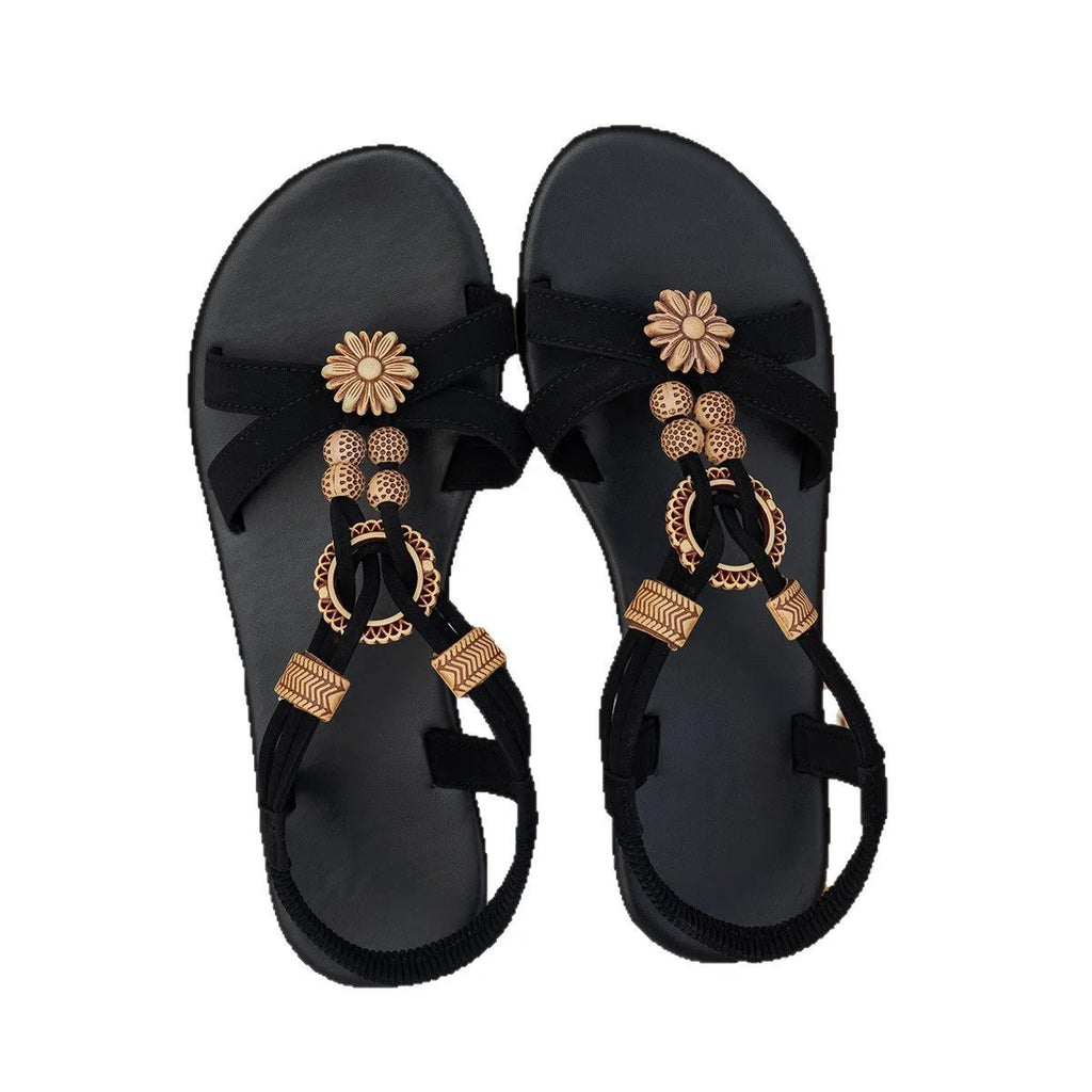 Black ethnic style women's flat sandals with beaded weave and rhinestone decoration