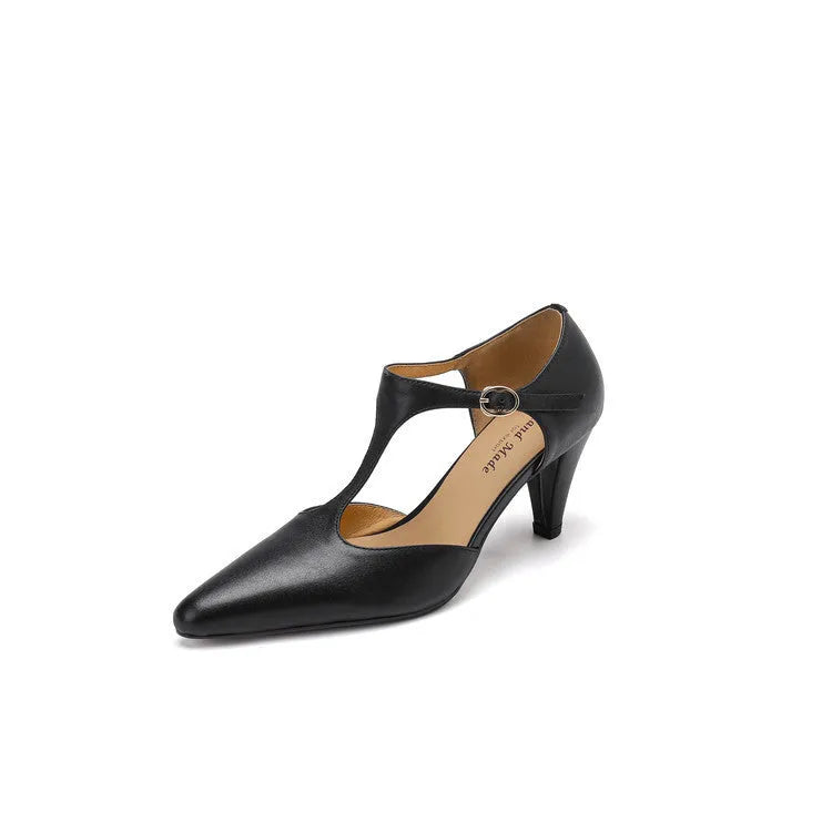 Brown retro women's T-strap closed toe sandals with a buckle and short block heel.