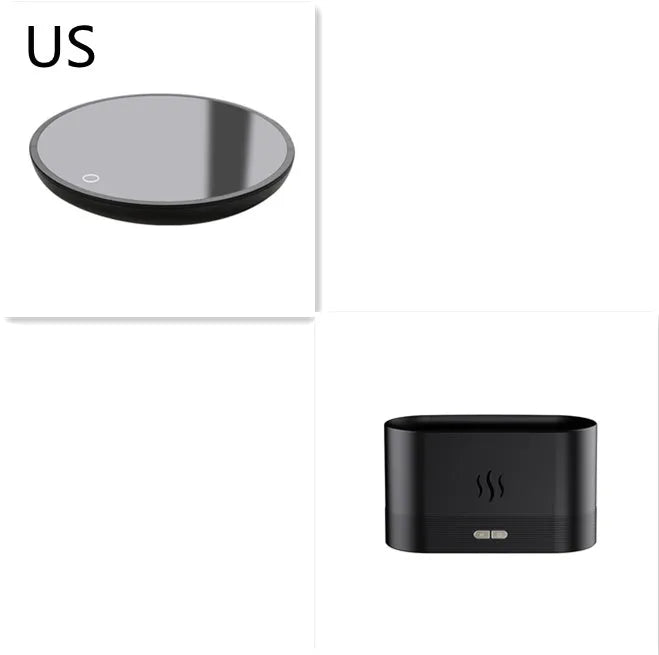 Square 180ml ultrasonic aroma diffuser with flame LED light in black, on a desk with visible mist