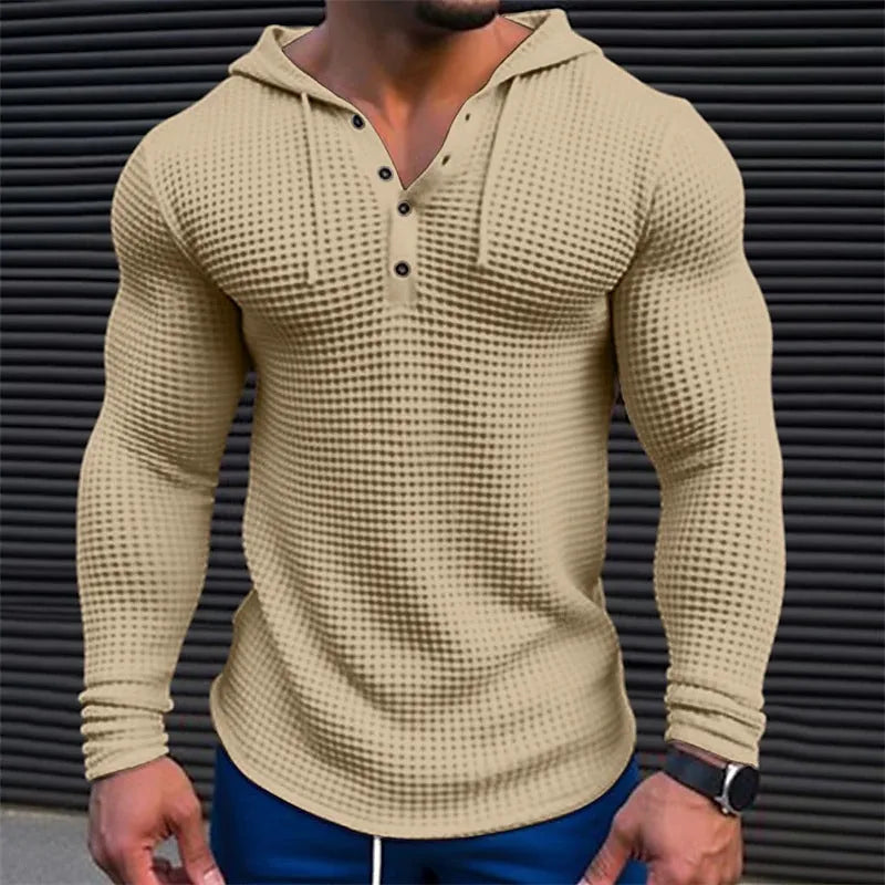 Men's pullover long sleeve t-shirt in solid khaki colour with waffle knit texture and hood, shown on model