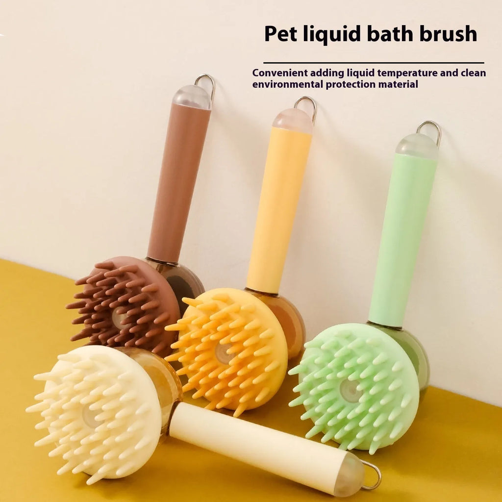 Three 3-in-1 pet bath brushes in beige, blue, and green with shampoo dispensing handles and silicone bristles on white background