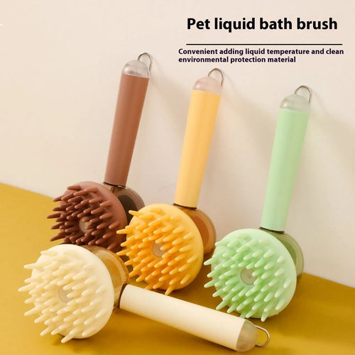 Three 3-in-1 pet bath brushes in beige, blue, and green with shampoo dispensing handles and silicone bristles on white background