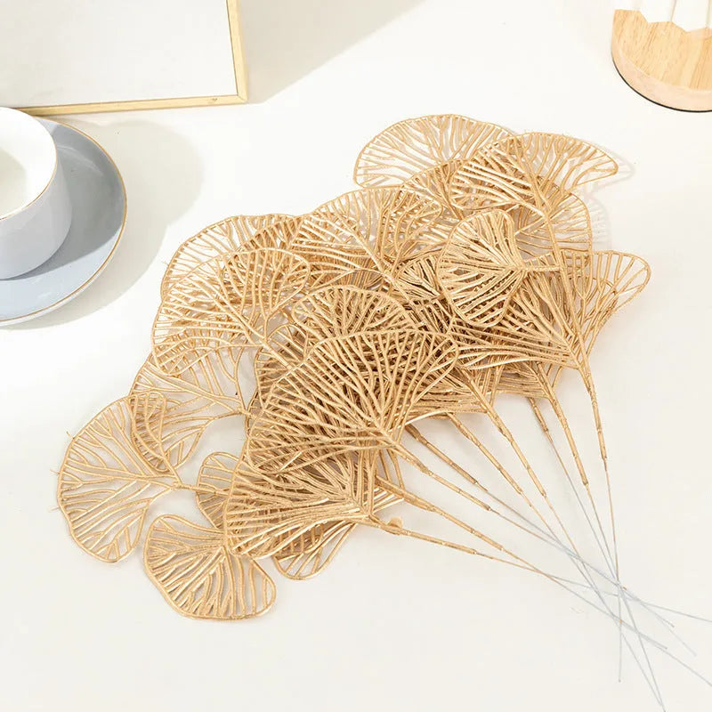 Gold plastic Persian eucalyptus and ginkgo leaf artificial flower arrangement for wedding decor