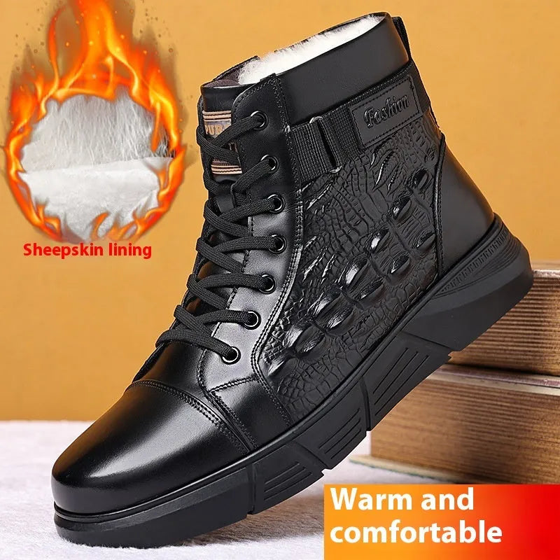 Black and brown genuine leather lace-up ankle boots with fur lining and rubber soles.