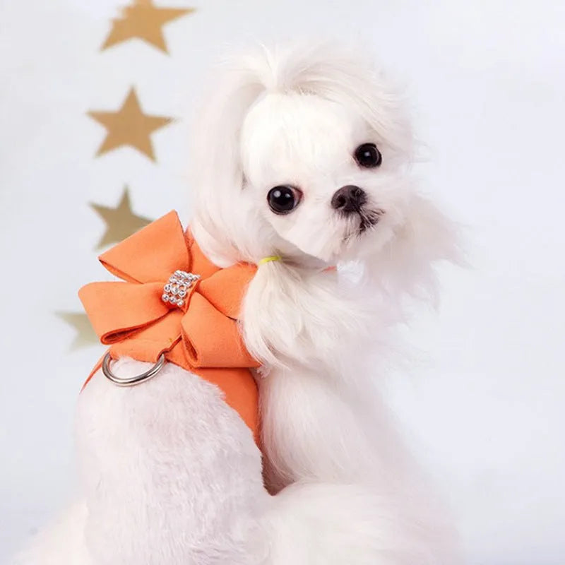 Cute fashion bowknot puppy chest strap harness in microfiber available in pink blue orange colours